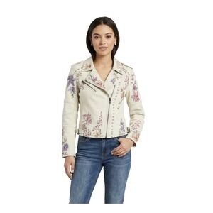 V Cristina Womens Jacket Size Medium Beige Embroidered Floral Stretch Moto Biker